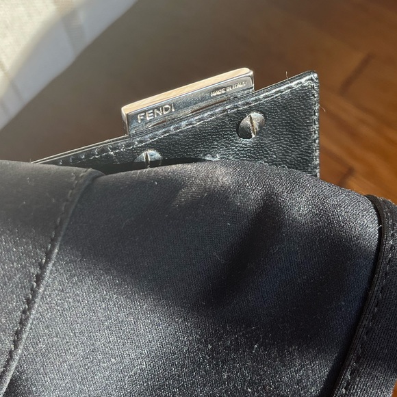 FENDI Black Satin and Leather Hobo Shoulder Bag. Baguette style Purse. - Picture 5 of 9